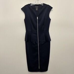 Enfocus Studio Dress Womens‎ 4 Navy Blue Full Zip Peplum Sheath Cap Sleeve 11581